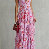 Belladina | Romântica Cascata de Rosas Vestido Longo com Decote Americano