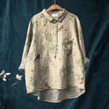 Alice - Camisa Casual Impressa com Padrão de Ramos e Pássaros Robin