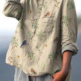 Alice - Camisa Casual Impressa com Padrão de Ramos e Pássaros Robin