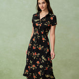 Glória - Vestido Midi Preto Floral