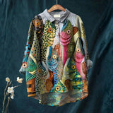 Ema - Camisa Casual de Impressão de Peixe Divertido Vintage