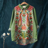 Anabela - Camisa Casual de Arte Vintage com Flores e Pássaros
