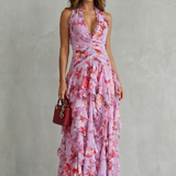 Belladina | Romântica Cascata de Rosas Vestido Longo com Decote Americano