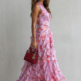 Belladina | Romântica Cascata de Rosas Vestido Longo com Decote Americano