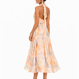 Aurora | Vestido com Colarinho Halter e Impressão Aquarela
