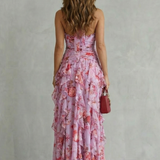 Belladina | Romântica Cascata de Rosas Vestido Longo com Decote Americano