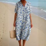 Magnolia - Vestido de Marfim Adornado com Acentos Florais em Azul Porcelana