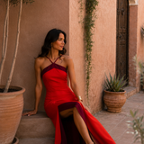 Vestido longo halter com abertura