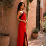Vestido longo halter com abertura