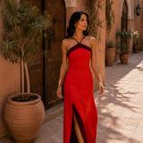 Vestido longo halter com abertura