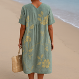 Clementina - Vestido Azul-Cinza com Bordado Floral