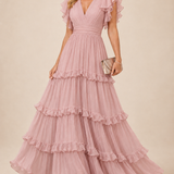 Rosalía | Vestido Maxi Rosa Empolvado com Decote em V, Folhos Escalonados e Mangas Borboleta