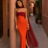 Vestido longo drapeado bicolor