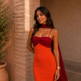 Vestido longo drapeado bicolor