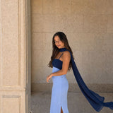 Vestido longo drapeado bicolor