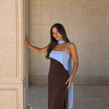Vestido longo drapeado bicolor
