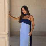Vestido longo drapeado bicolor