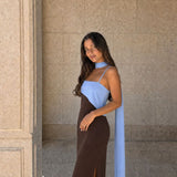 Vestido longo drapeado bicolor