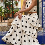 Conjunto de top e saia longa de bolinhas