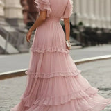 Rosalía | Vestido Maxi Rosa Empolvado com Decote em V, Folhos Escalonados e Mangas Borboleta