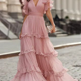 Rosalía | Vestido Maxi Rosa Empolvado com Decote em V, Folhos Escalonados e Mangas Borboleta