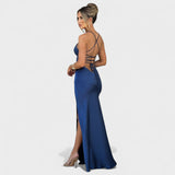 Elena - Vestido de cetim azul meia-noite