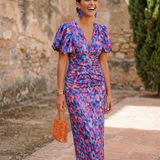 Carla™ | Vestido Midi Floral com Mangas Abalonadas